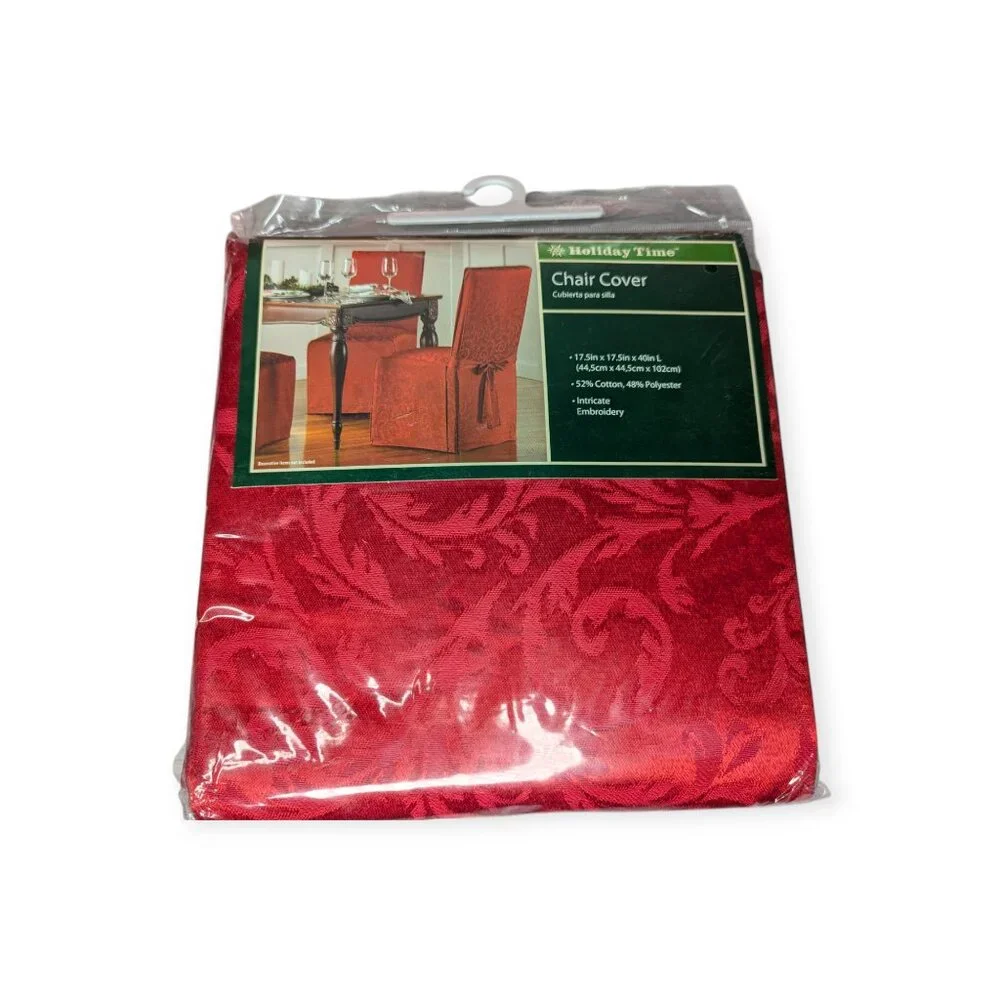 Holiday Time Matching Oblong Table Cloth & 5 Chair Covers- Red Embroidery NWT